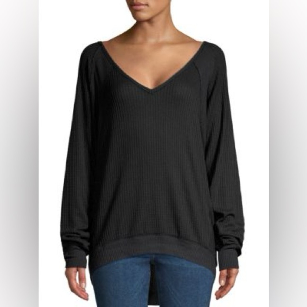 NWT Free People We The Size S Black Santa Clara Thermal Top Long Sleeve V Neck - Picture 4 of 8